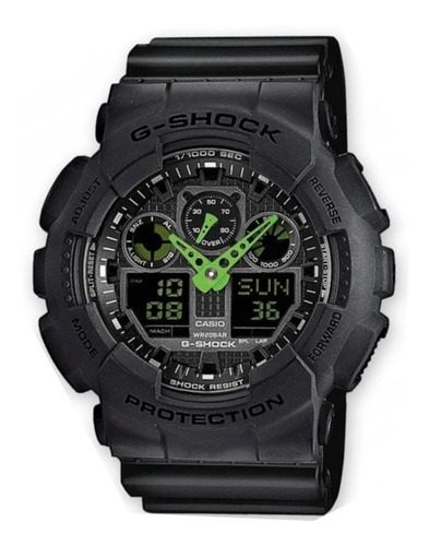 Reloj Casio G-shock Ga-100c-1a3, Black, 5 Alarmas,luz Led Color Del Fondo Negro Con Verde Color De La Correa Negro Color Del Bisel Negro