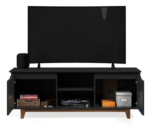 Rack Bancada Flow 2 Portas Estante De Televisão Home Para Quatro Ou Sala - Preto