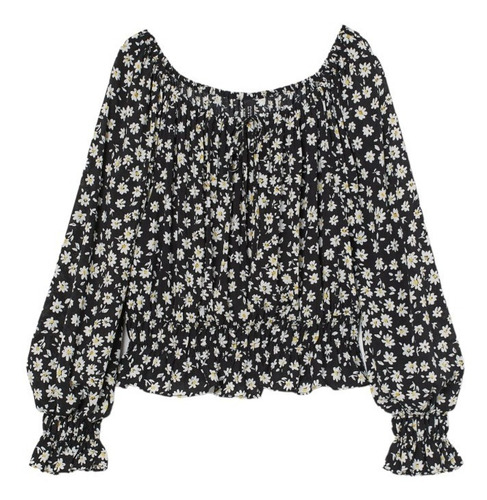 Blusa Con Detalles Fruncidos Marca H & M. Color Negro/floral