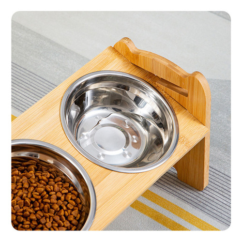 Sh Estante De Mesa De BambĂș, Cuenco Para Mascotas De Acero
