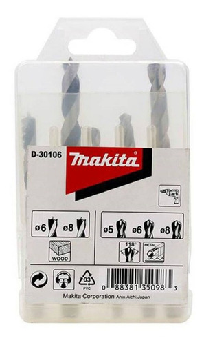 Set 5 Brocas / 2 Madera (6 Y 8mm) Y 3 Metal Makita D-30106