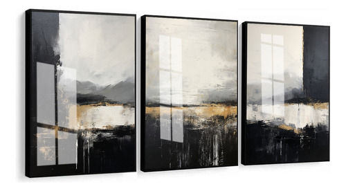 3 Quadros Decorativos Abstrato Geométrico Preto Gold Vidro