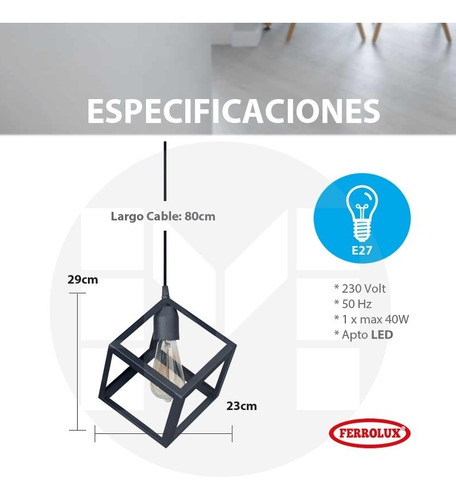 Imagen 2 de 10 de Lampara Colgante Cubo Iluminación Minimalista Ferrolux