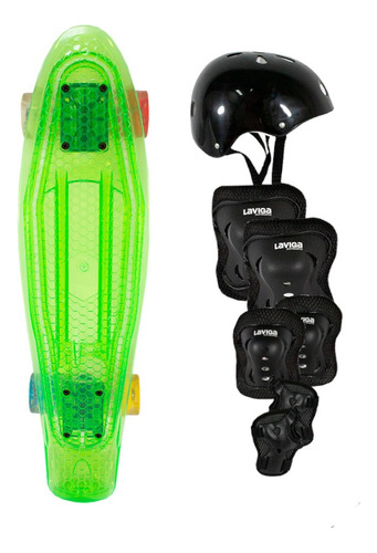 Kit Juvenil Patineta Penny Transparente Led + Protecciones Color de las ruedas Verde/Negro