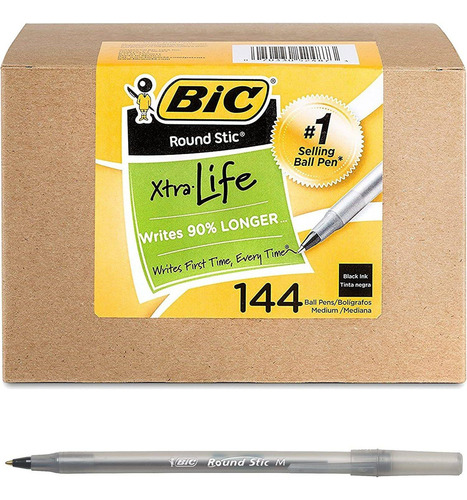 Bic Round Stic Xtra Life Ballpoint Pen, Medium Point 144 Ct