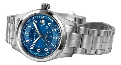 Reloj Hamilton Khaki Field H70455140 Unisex Correa Plateado Bisel Plateado Fondo Azul