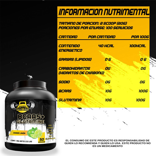 Aminoácidos Bcaas + Glutamina Guns 1kg Varios Sabores Limón