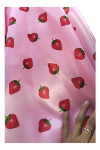 Tela Raso Satinado Modelo Fresas Rosa Liso