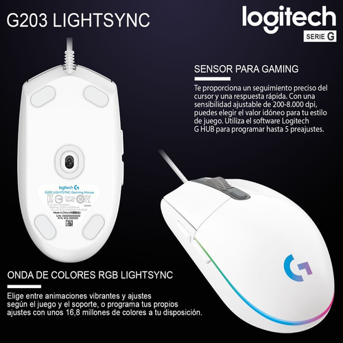 Imagen 5 de 5 de Mouse Gamer Logitech G203 Lightsync Rgb 8000 Dpi Blanco