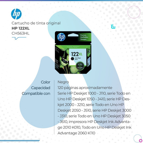 Imagen 2 de 10 de Cartucho Hp 122xl Negro Ori Ch563hl 1000 1050 2000 2050 3050