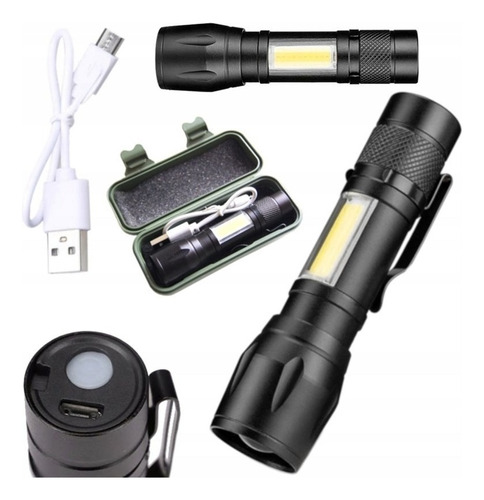 Minilinterna táctica LED T6, lámpara recargable, zoom USB, color de la linterna: negro, color de la luz: blanco
