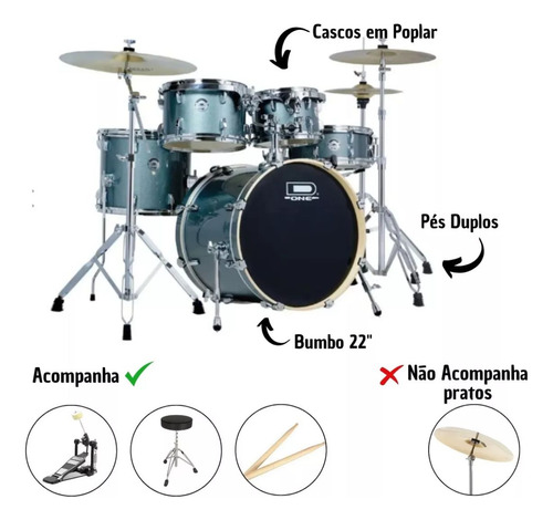 Bateria Acústica D-one Dr22 Com Banco Space Green Rocket