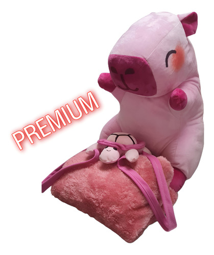 Peluche Capibara Grande Con Manta Y Mochila Tortuga Rosa Pálido