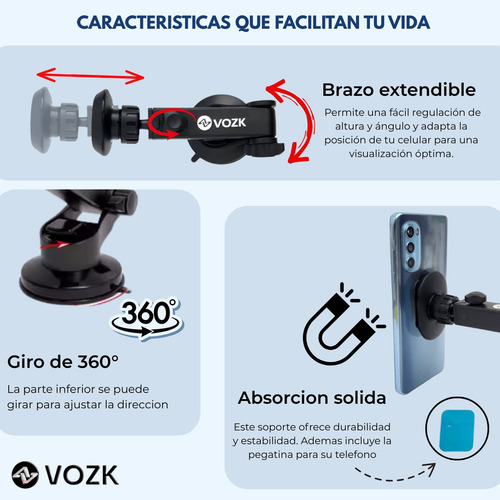 Soporte Iman Auto Ajustable Fuerte Ventosa Para Celular Gps Negro