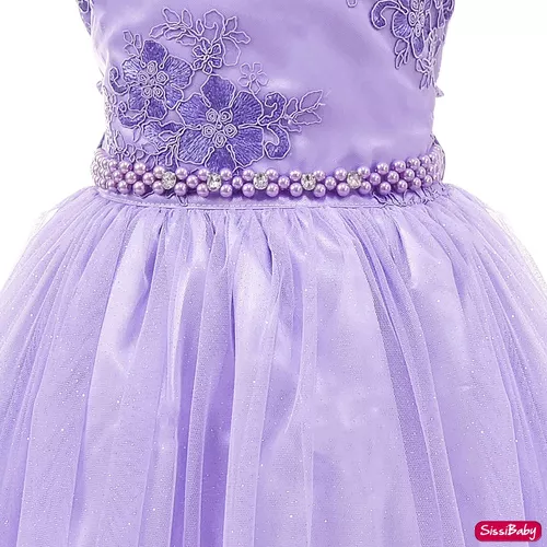 Vestido Infantil Princesa Sofia Lilás C/ Cinto De Pérolas