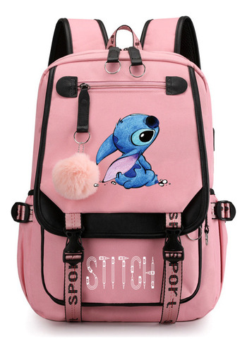 Mochila De Estudiante Con Correa Rosa Recargable Usb Stitch