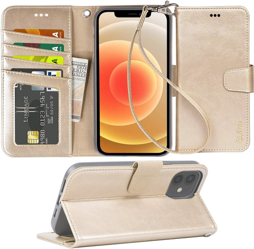 Funda Para iPhone 12/12 Pro, Dorado/billetera/correa