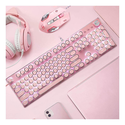 Teclado Y Ratón De Máquina De Escribir Rosa, Teclado Retro Rosa.