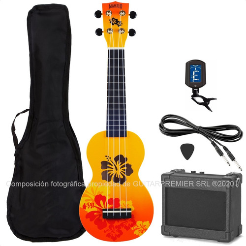 Combo Ukelele Electroacustico Diseño Mandala Dibujos Colores Bamboo Cuerdas Aquila Amplificador Funda Pua Afinador Cable