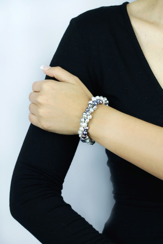 Pulsera 3 Hilos Perla Cultivada Natural Blanco Gris Y Negro Diámetro 15 cm