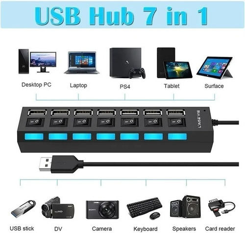 Cable Adaptador Hub Usb 2.0 De 7 Puertos Con Interruptor Luz