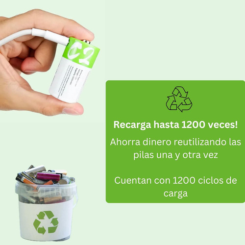 Paquete De 2 Pilas C Oxyglow Recargables Usb C 5600mwh 1.5v Carga Rápida Alta Duración Ideales Para Juguetes, Linternas (verde)