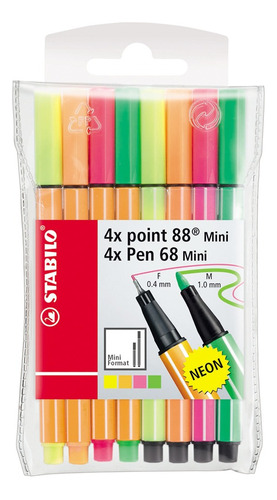 Estuche Stabilo 8 Marcadores Neon Mini 4 Point 88 Y 4 Pen 68