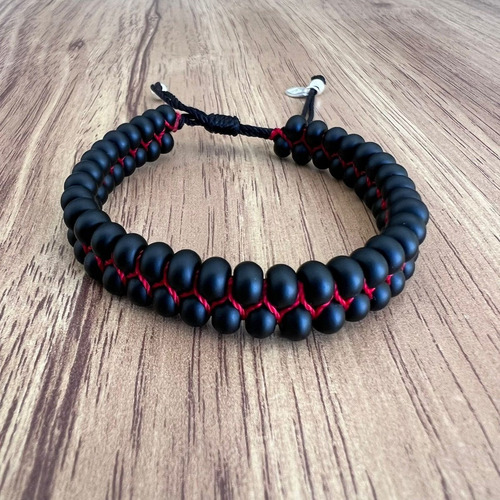 Pulsera Doble Tejida Bolitas Y Plata 925 Agálea Hombre Color Negro-rojo Diámetro 5 Cm Largo 16