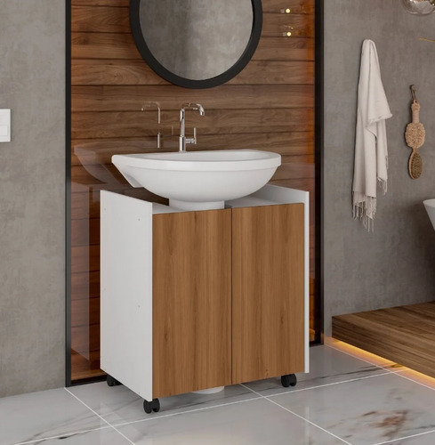 Mueble de lavabo con columna natural y espejo, muebles blancos, color madera, número de orificios para grifo sin orificios