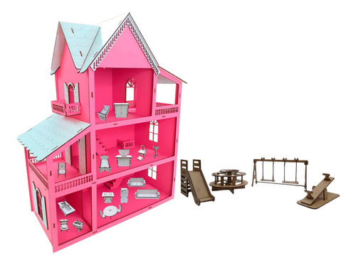 Kit Casa/casinha Boneca 19 Moveis Com Parquinho Postagem 24h Cor Rosa