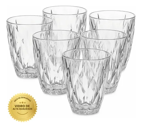 Jogo 6 Copos Diamond 300ml THOMHOME Vidro Grosso Branco
