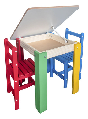 Conjunto Mesa Baú Infantil Madeira Duas Cadeiras Camaleão