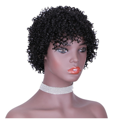 Peluca De Cabello Humano Corto Tipo Negro Afro Curl + Gorra