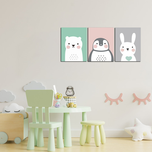 Imagen 3 de 3 de Triptico Cuadros Niños 40x30 Cms Set10 Oso Pingüino Conejo