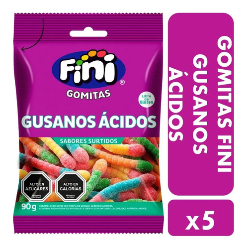 Pack 5 Gomitas Fini Gusanitos Acidos Gluten Free Deliciosas