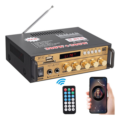Amplificador De Audio Hifi Bluetooth Para Casa/auto Alta Fidelidad Aux/fm/tf/usb 2 Canales Con 2 Tomas De Micrófono Con Función De Echo Lujo Dorado