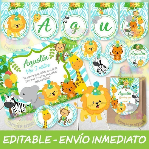 Kit Imprimible Animales De La Selva Nene Candy Editable 100%