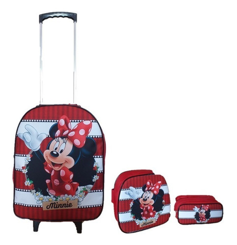 Kit Mochila Minnie Com Rodinhas + Estojo + Lancheira +brinde