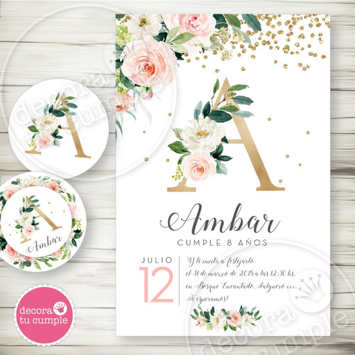 Kit Imprimible Shabby Cumpleaños Rosas Acuarela Dorado