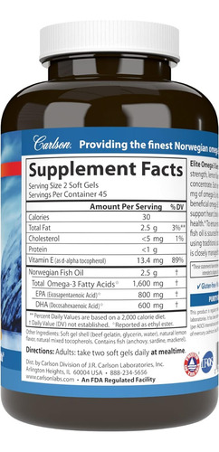Carlson Labs Elite Omega 3 1600 Mg 90 Softgels Sfn