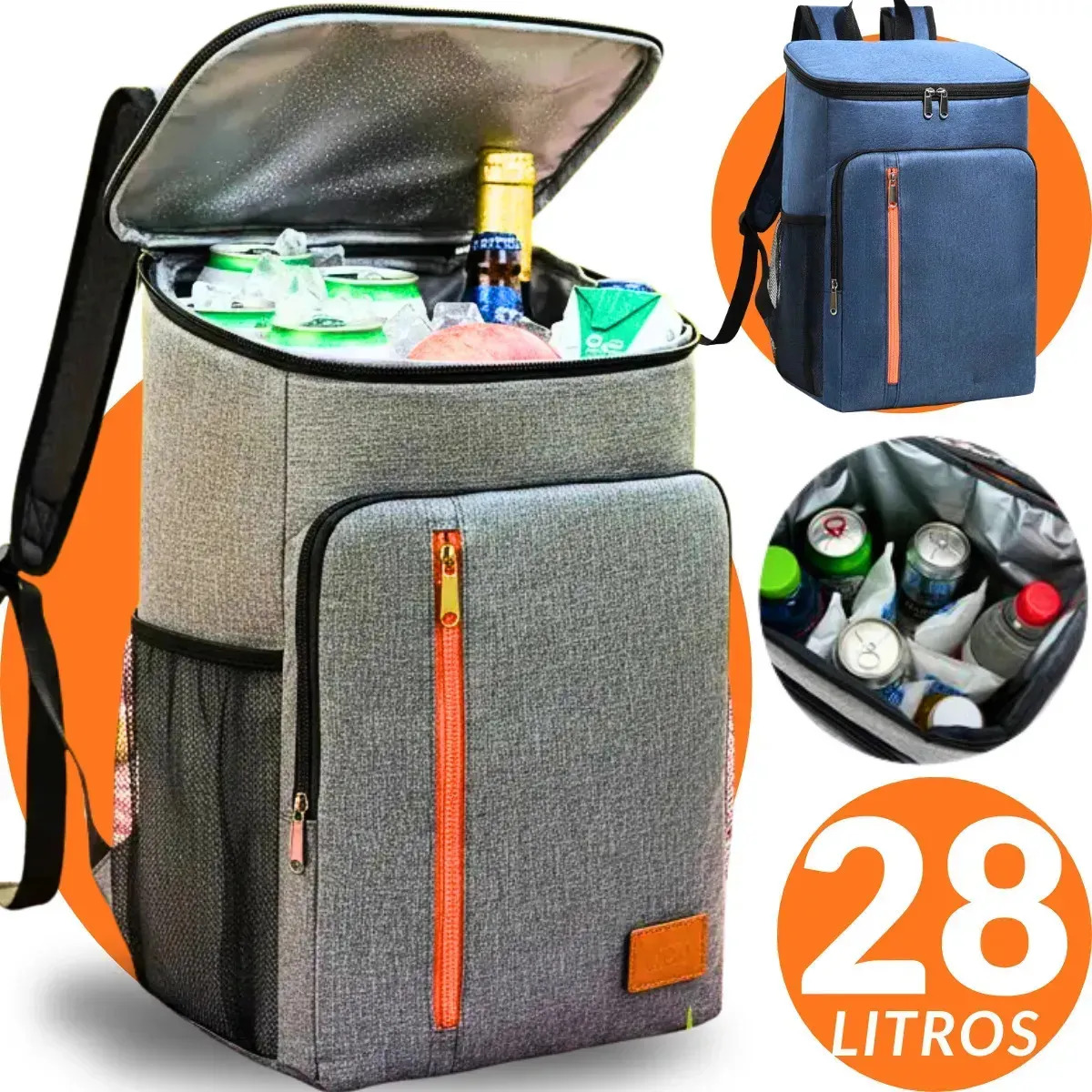 Mochila Térmica Grande Bolsa Impermeável Cooler Bebidas Cerveja Comida Marmita Bag grande praia camping 28l Cinza