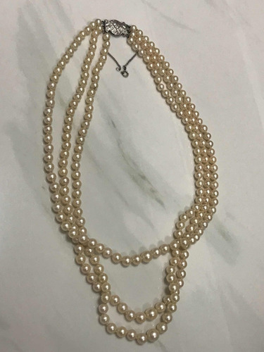 Colar Em Pérola Barroca-3 Fios. Ouro Branco 18k.81.6 Gr.