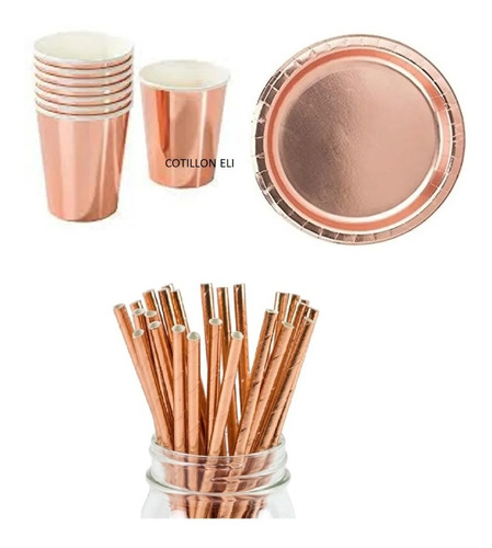 Set Platos Vasos Dorado Plateado Rosa Gold Descartables