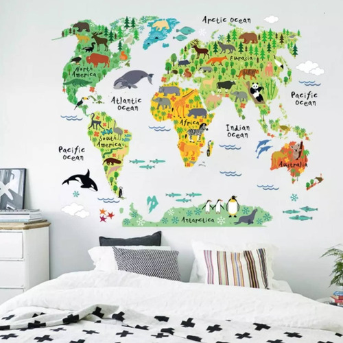 Vinil Decorativo Mapa Animales Mundo Fauna Pegatina Pared