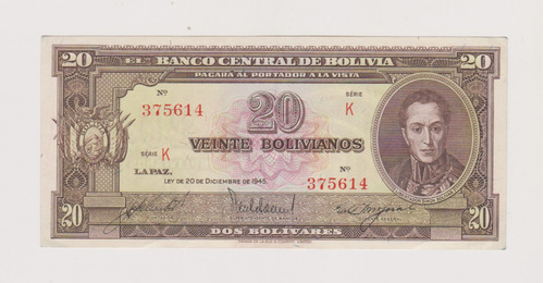 Billete Bolivia 20 Bolivianos Año 1945 Excelente ++