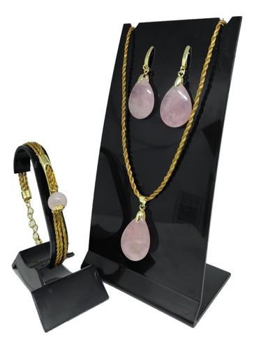 Kit Presente:brinco,colar,pulseira Quartzo Rosa C/ Dourado