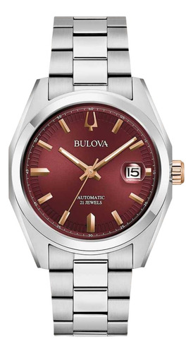 Relógio Bulova Surveyor Automatico 98b422 E Correia Prateado Bisel Prateado Fundo Bordô