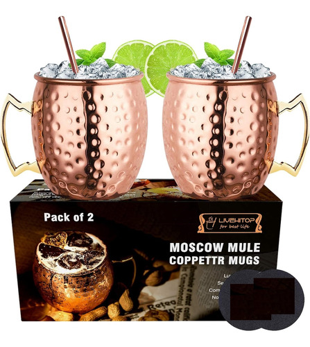 Kit 2 Tazas 2 Pajitas Cobre Y Acero Inox Moscow Mule