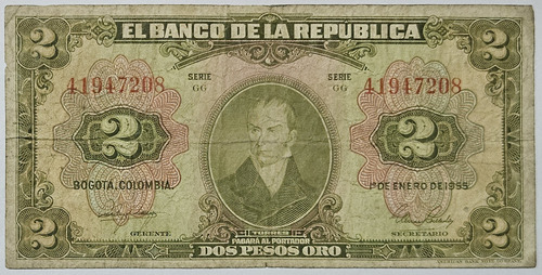 Billete 2 Pesos 01/ene/1955 8 Digitos Colombia F-vf