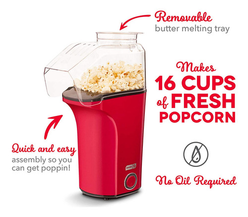 Popcorn Popper Dash Dapp150v2rd04 Hot Air, 16 Tazas, 1400 W,
